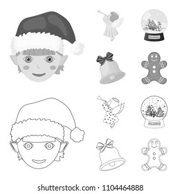Angel, glass bowl, gingerbread and bell outline,monochrome icons in set collection for design. Christmas vector symbol stock web illustration.