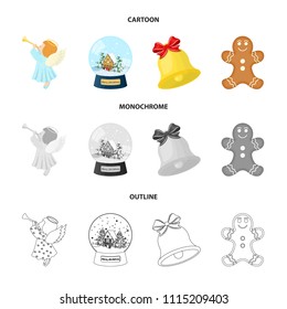 Angel, glass bowl, gingerbread and bell cartoon,outline,monochrome icons in set collection for design. Christmas vector symbol stock web illustration.