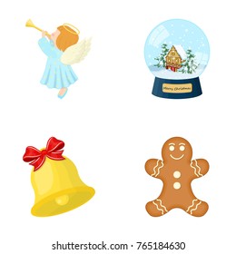 Angel, glass bowl, gingerbread and bell cartoon icons in set collection for design. Christmas vector symbol stock web illustration.