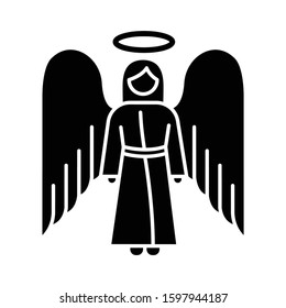 Angel glyph icon. Biblical archangel. Human figure in robe with wings and halo. Christmas holy angel. Gods messenger. Christian symbol. Silhouette symbol. Negative space. Vector isolated illustration