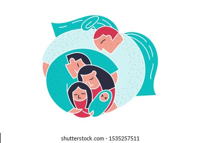 Angel God hugs couple family. Care about peace in family. Cute doodle trendy people vector illustration. Cartoon flat mom dad daughter and baby religious ideas. God cartoon trendy doodle people.