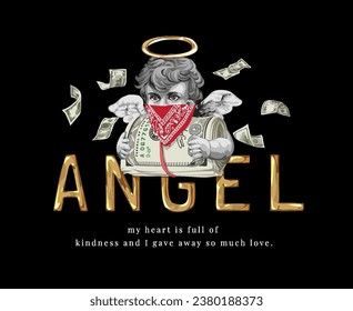 angel golden chrome slogan with anngel in bandana holding cash vector illustration on black background