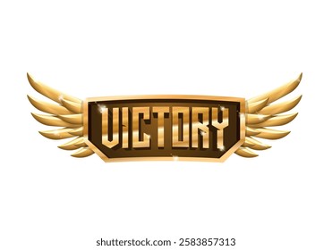 Angel golden victory wings, gaming award vector badge, top level achievement reward, metal emblem. Luxury success sign