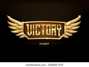 Angel golden victory wings, gaming award vector badge, top level achievement reward, metal emblem. Luxury success sign