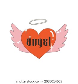 Angel gothic vector lettering quote and heart with pink wings isolated on white background. Modern vector illustration Y2k. Nostalgia for the 2000 years. Perfect print for tsirt