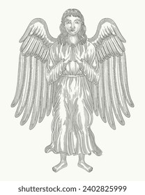 : Angel greets, Vintage engraving drawing vector illustration