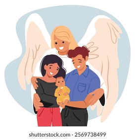 Angel guardian religious character giving blessing and warmth protecting young family with child hugging parents and little newborn baby cartoon religious scene. God protection vector illustration