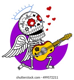 Angel with guitar sing serenade. Vector flat and linear Illustration of skeleton. Web banners, advertisements, brochures, business templates. Isolated on a white background.