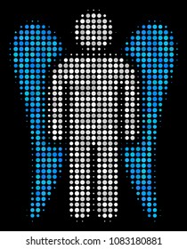 Angel halftone vector icon. Illustration style is pixel iconic angel symbol on a black background. Halftone texture is constructed from spheric elements.