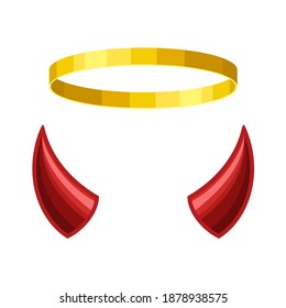 Angel halo and devil horns isolated on white background. Nimbus and demon horn. Heaven and Hell concept, good and bad. Vector illustration