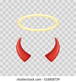 Angel halo and devil horns isolated on transparent checkered background. Vector illustration svg