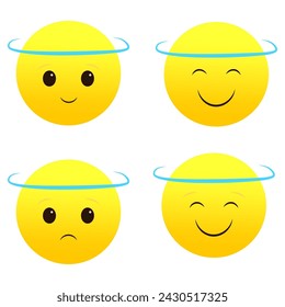 Angel halo emoji set, various emotions. Saintly emoticons collection. Vector illustration. EPS 10.