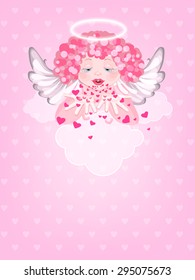 Angel with a halo over his head blows off the hearts from their hands. Cute little angel on a cloud.  Greeting Card Valentine's Day