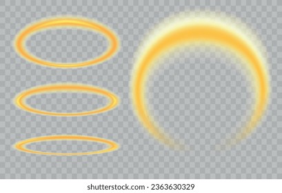 Angel halo ring set. Golden holy nimbus isolated, saint blessing glowing circle on transparent background, religious heaven glow aureol vector illustration