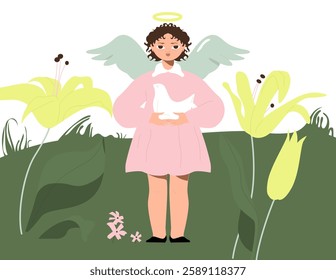 Angel with halo and wings holding Peace Dove in hands. Peaceful little girl with bird. Concept of hope and charity. Colored flat vector illustration isolated on white background