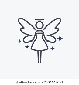 Angel with halo and wings. Line art drawing of an angel with wings, halo, and stars. Simple, minimalist design.