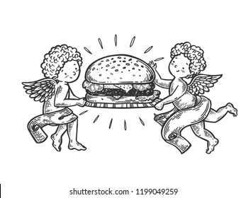 Angel With Hamburger Engraving Vector Illustration. Scratch Board Style Imitation. Black And White Hand Drawn Image.