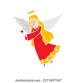 Angel hand drawn illustration with heart on isolated white color background in vector format