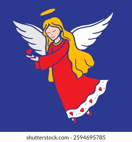 Angel hand drawn illustration with heart on isolated night blue color background in vector format