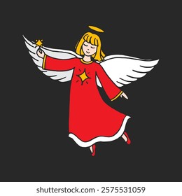 Angel hand drawn illustration with star on isolated black color background in vector format