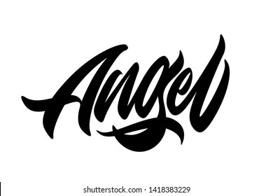 Angel hand drawn vector lettering design. Comics style. Design for t shirt printing 