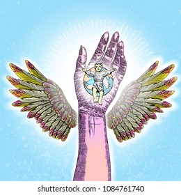 Angel hand with wings holding planet Earth and baby Jesus shining with bright rays on blue background. Christmas Nativity of baby Jesus birth. God send his son to Earth for love of people. Vector.  