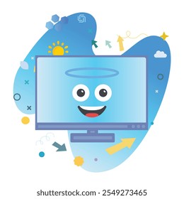 Angel Happy Computer Character auf Computer Monitor Bildschirm - Perfekte Vektorgrafik für Spaß und fröhliche Designs | Engel Happy Icon Design auf Computer Monitor Bildschirm