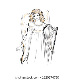 Angel with harp. Musician. Woman with musical instrument and wings. Biblical heavenly symbol of man with wings. Decor for greeting retro cards for Christmas, Easter and other religious holidays