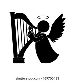 angel harp play heaven musical instrument halo wing  vector  isolated illustration