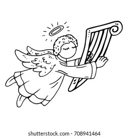 Angel with harp. Vector illustration.