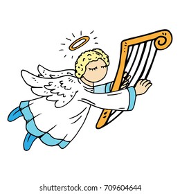 Angel with harp. Vector illustration.