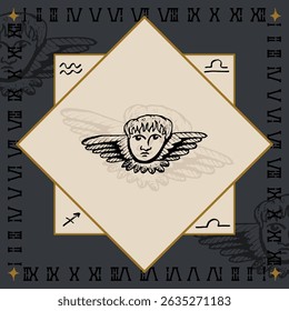 angel head with wings alchemical symbol design engraving vector illustration in vintage old medieval style