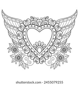 Angel heart frame hand drawn for adult coloring book