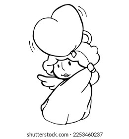 An angel with a heart and a halo. Graphic isolated black drawing. Template, coloring. For design for Valentine's day and for the wedding. Love and relationships.