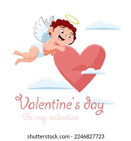 Angel with a heart in his hands, be my Valentine. Vector graphics for the holiday