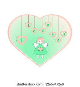 An angel with a heart in his hands. Vector map with a sign I love you. Vector illustration. Happy Valentine s day