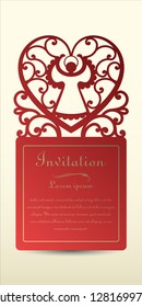 Angel and heart. Laser cut invitation, greeting card made of cardboard and paper. For religious and romantic events. Vector illustration.