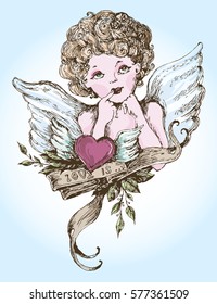 Angel With Heart Line Doodle Illustration