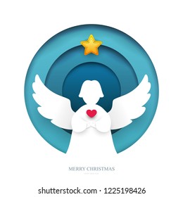 Angel with heart in paper cut trendy craft cartoon style. Christmas, new year modern design for advertising, branding background greeting card, cover, poster, banner. Vector illustration.