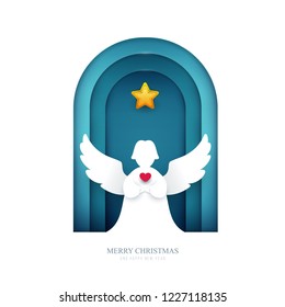 Angel with heart in paper cut trendy craft cartoon style. Christmas, new year modern design for advertising, branding background greeting card, cover, poster, banner. Vector illustration.