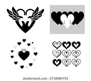 Conjunto de Vectores de corazón de ángel: corazones alados, halo de amor y símbolos románticos en blanco y negro
