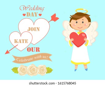 Angel with heart vector, wedding date with names and banners. Angel kid with wings and nimbus, romantic card child with halo, celebration of matrimony