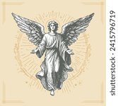 angel heavenly god vector sketch drawing in stencil style on a beige background