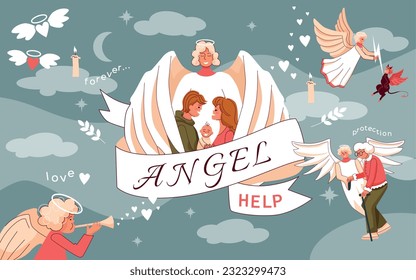 Angel help flat collage illustrating love protection rescue and support cartoon vector illustration