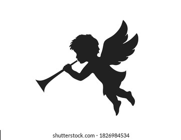 angel herald with trumpet. christmas symbol. isolated vector black silhouette image