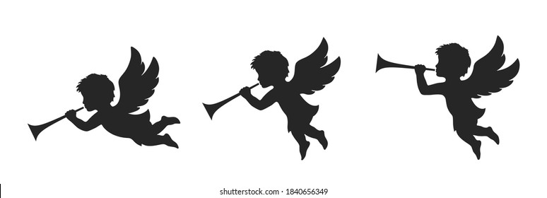 angel herald with trumpet icon set. christmas and religion symbols. isolated vector silhouette image