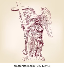 angel holding cross hand drawn vector llustration realistic sketch