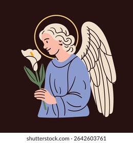 Angel holding flower in colorful robe. Praying angel, Saint, creature with wings, halo. Hand drawn trendy Vector illustration. Isolated design element. Print, logo, card template