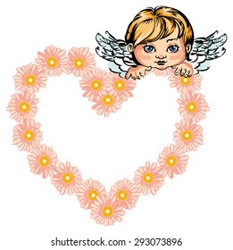 Angel holding heart shaped flower garland