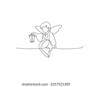 Сute angel is holding a lantern. Continuous line drawing, vector illustration